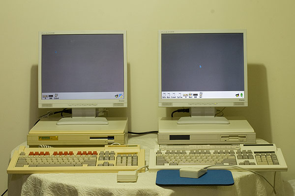 An Archimedes A310 and A410/1 both running MODE 31 using Ultra VIDC Enhancers