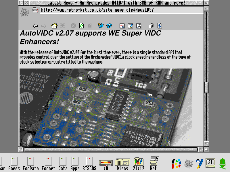 ArcWeb running on an 800x600 16 colour RISC OS desktop