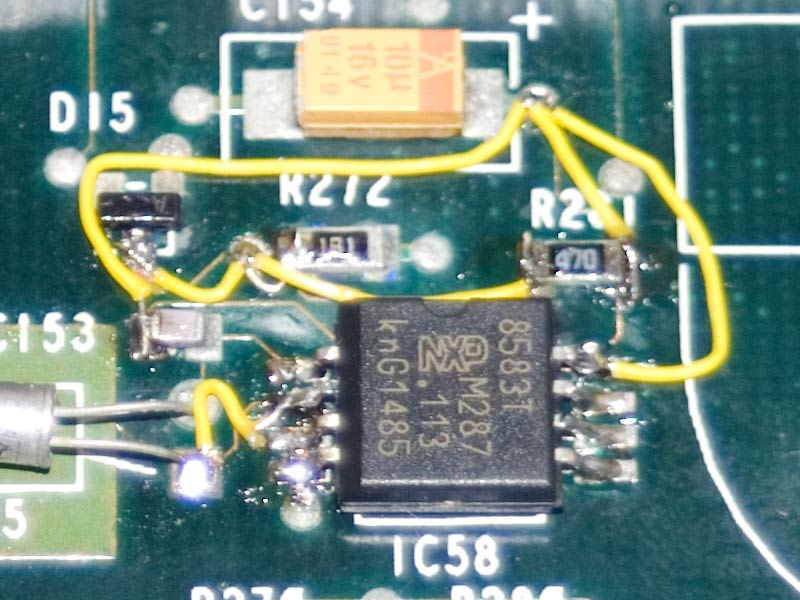 A close up photo of the Acorn A5000 RTC circuit after being repaired due to a battery leak.