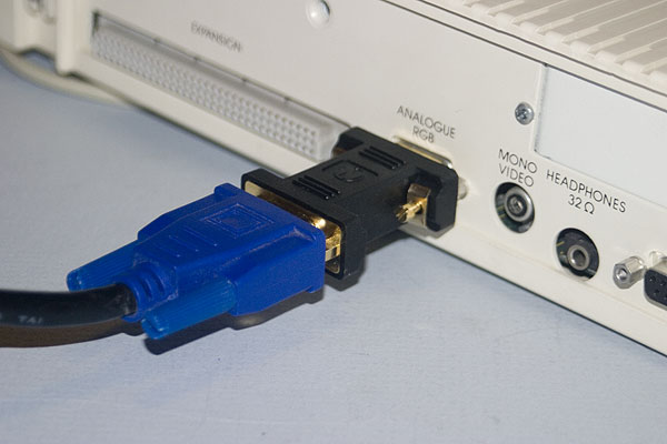 Acorn BBC A3000 fitted with a 9 to 15 pin VGA adapter connected to a 15-pin VGA monitor cable