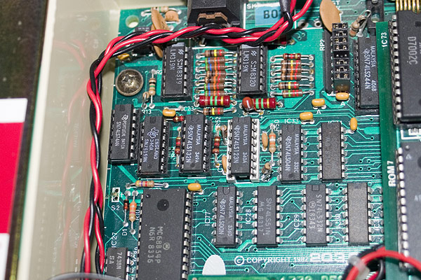 A close up of the BBC Micro motherboard showing the Econet Interface as fitted.