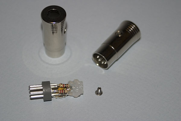A passive terminator showing the resistor and capacitors fitted internally