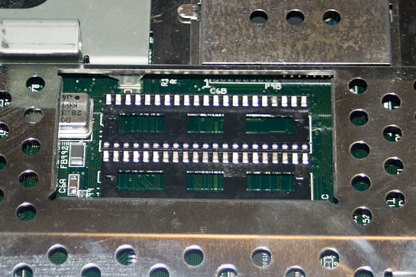 The Kickstart ROM sockets after the original ROMs have been removed